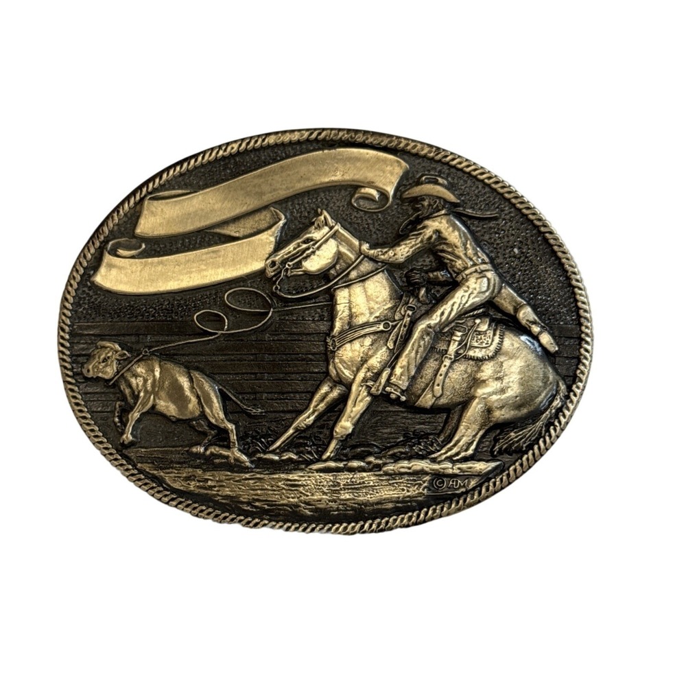 Award Design Medals Vintage Cowboy Calf Roping Brass Oval Belt Buckle